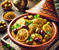 Een heerlijke Marokkaanse kip tajine gepresenteerd in een traditionele kleien tajine, gegarneerd met geconserveerde citroenen, groene en paarse olijven, en verse koriander.