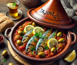 Een Marokkaanse tajine met sardientjes, tomatensaus en kruiden, geserveerd in een traditionele aardewerken schaal.