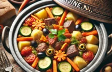 Tajine gerecht met vlees, groenten en deksel met Tajine.nl decoratie