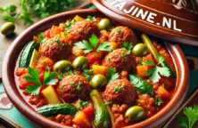 Marokkaanse kefta tajine met gehaktballetjes, tomatensaus en olijven, geserveerd in een traditionele tajine.