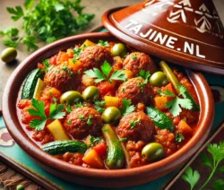 Marokkaanse kefta tajine met gehaktballetjes, tomatensaus en olijven, geserveerd in een traditionele tajine.