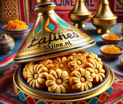 Marokkaanse Harchakoekjes in de vorm van bloemetjes, gepresenteerd op een mooi gedekte tafel met Tajine.nl subtiel verwerkt in de decoratie.