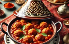 Tajine van visgehaktballetjes in tomatensaus, geserveerd in een Marokkaanse tajine.